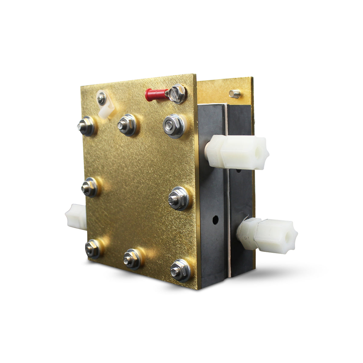 Assembled single-cell test hardware, angled view showing gold-tone end plates, black flow field plates and gas fittings