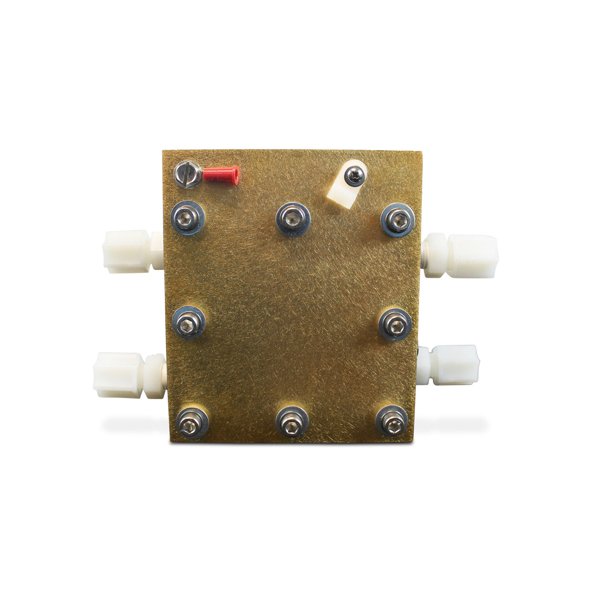 Assembled single-cell test hardware, front view with current collector terminals and white gas fittings