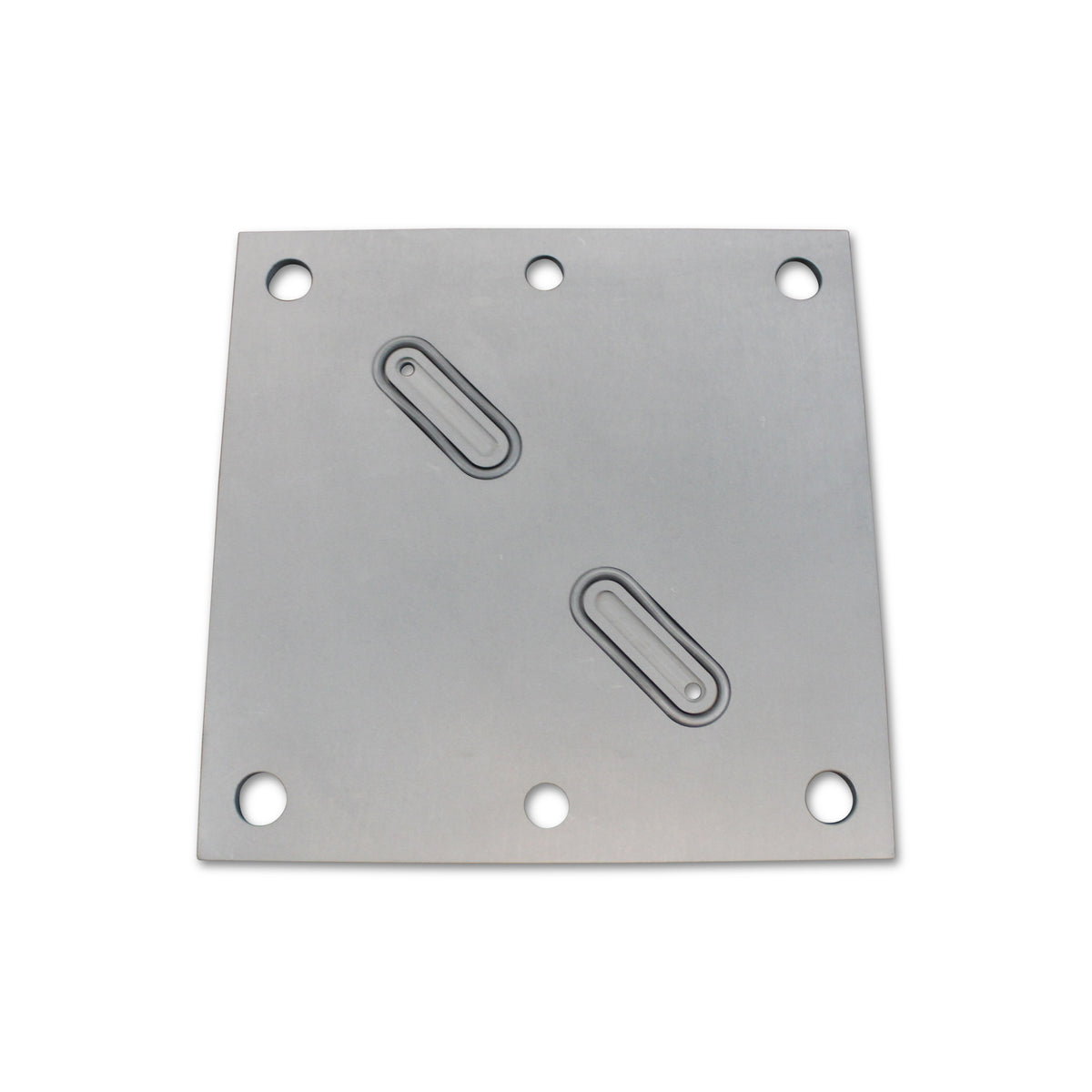 Metal plate with two oval manifold ports and bolt holes