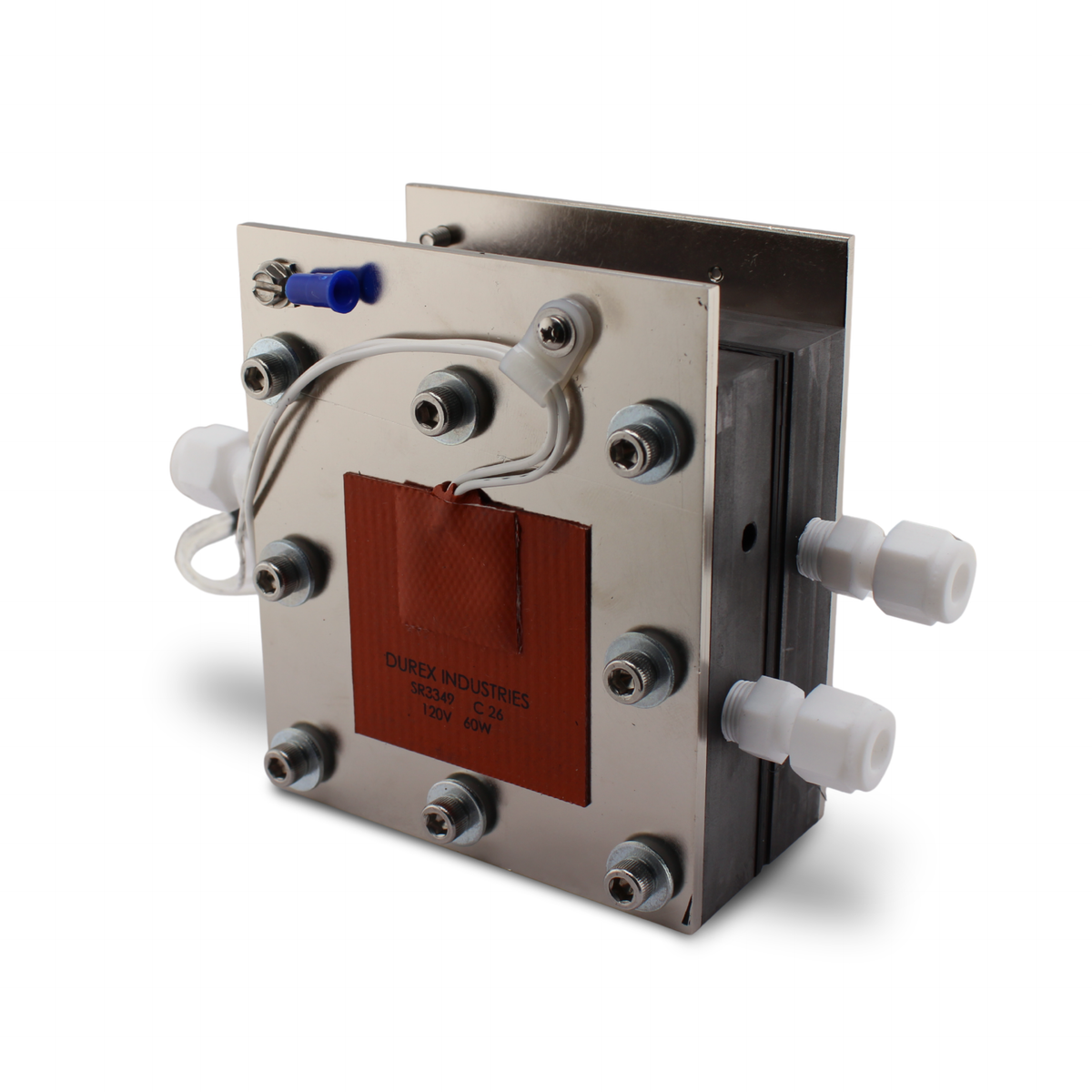 Flow battery test hardware, graphite plates and endplates, 5 or 25 cm² – back view