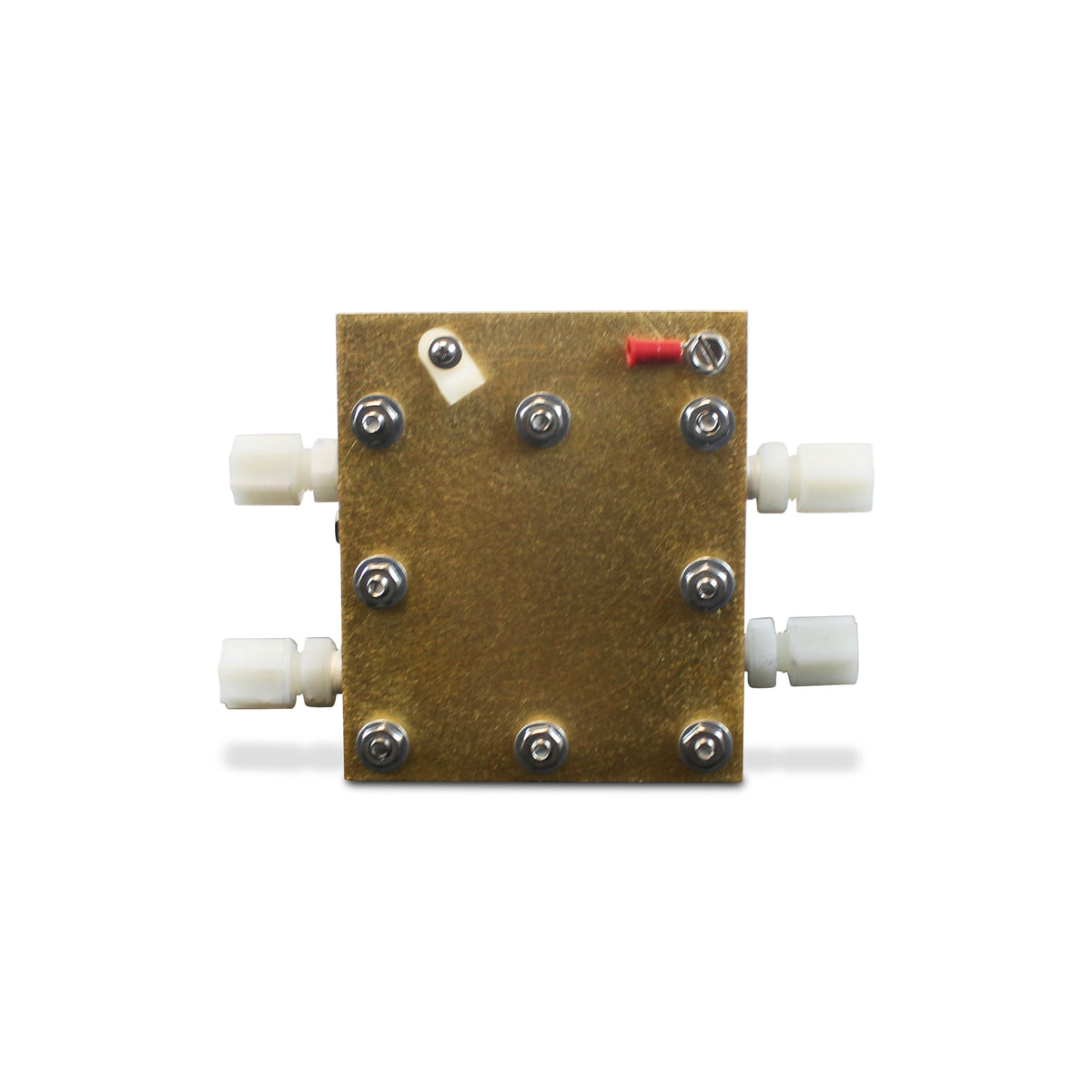 Assembled single-cell test hardware, front view, with gold-tone end plate, bolts and white gas fittings