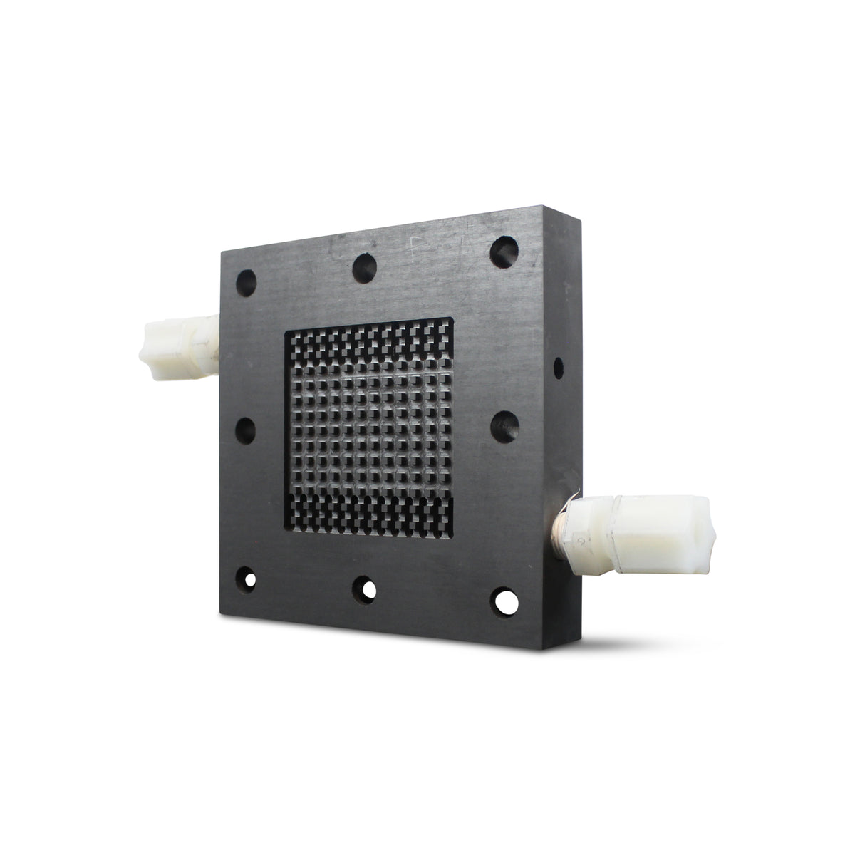Black graphite flow field plate with a pin-type flow field and white gas fittings