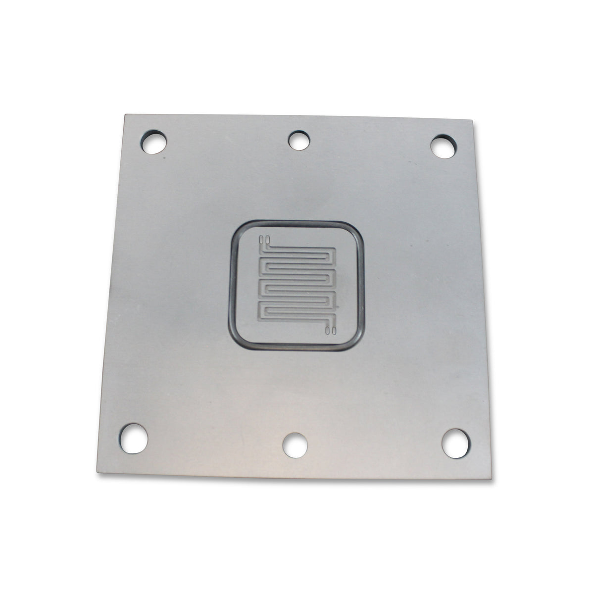 Metal flow field plate with a single serpentine channel in a square active area